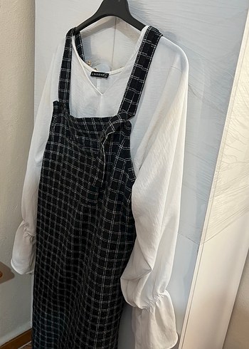 Ekose Desenli Pamuklu Midi Askılı Elbise ve gömlek - Görsel 2