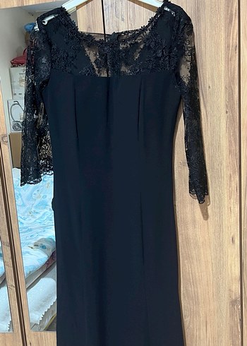 Dantel Detaylı Siyah Uzun Kollu Kadın Abiye Elbise - Görsel 2