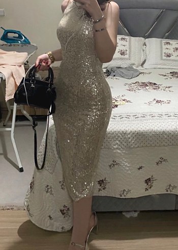 Parlak Altın midi Elbise - Görsel 2