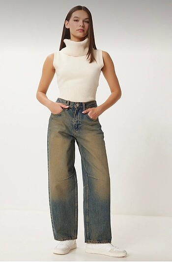 Koyu mavi yüksek bel soluk efektli baggy jeans