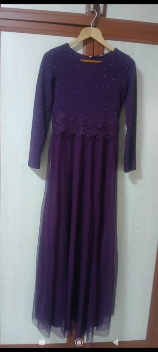Dantel Detaylı Uzun Mor Kadın Elbise - Görsel 2