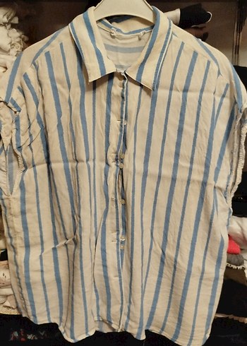 Mavi Çizgili Kısa Kollu Keten Gömlek - Görsel 2