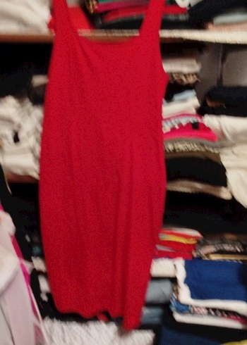 Kırmızı Uzun V Yaka Drapeli Elbise - Görsel 4