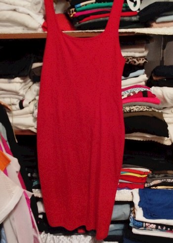 Kırmızı Uzun V Yaka Drapeli Elbise - Görsel 3