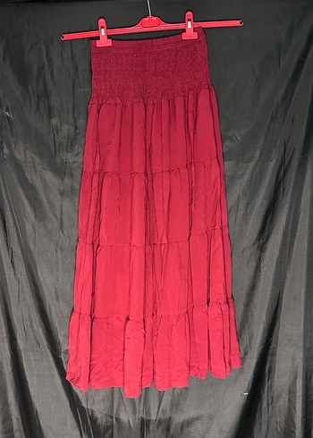 Kırmızı Bohem Uzun Keten Etek - Görsel 2