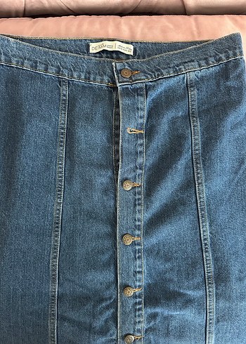 Düğmeli Mavi Midi Denim Etek - Görsel 3