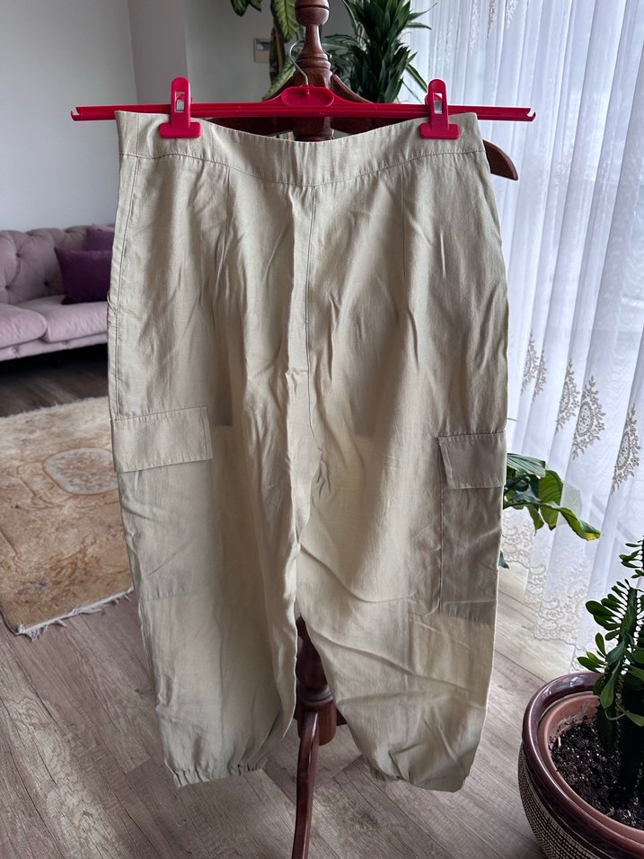 Bej Keten Rahat Kesim Kadın Pantolon - Görsel 2