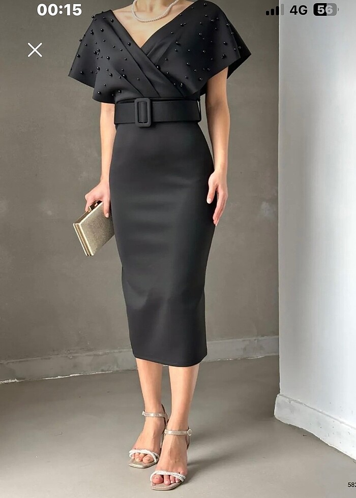 Siyah Kruvaze Yaka İnci Detaylı Midi Abiye Elbise - Görsel 3