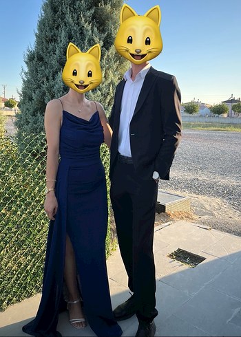 Saks Mavisi Simli Uzun Abiye Elbise - Görsel 4