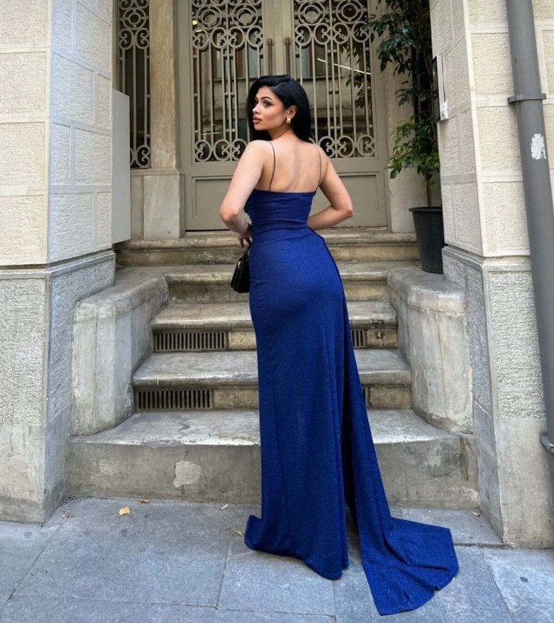 Saks Mavisi Simli Uzun Abiye Elbise - Görsel 2