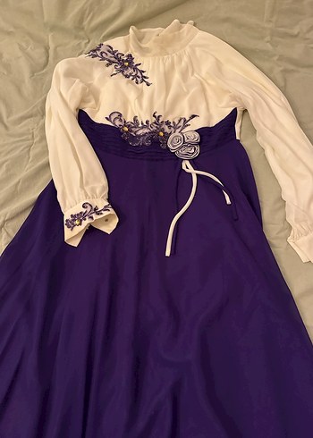 Mor Nakışlı Uzun Kollu Vintage Abiye Elbise - Görsel 5