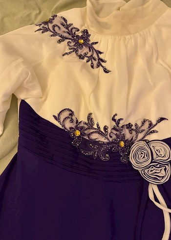 Mor Nakışlı Uzun Kollu Vintage Abiye Elbise - Görsel 3