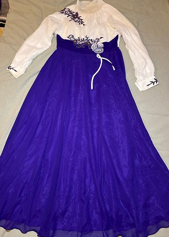 Mor Nakışlı Uzun Kollu Vintage Abiye Elbise - Görsel 2