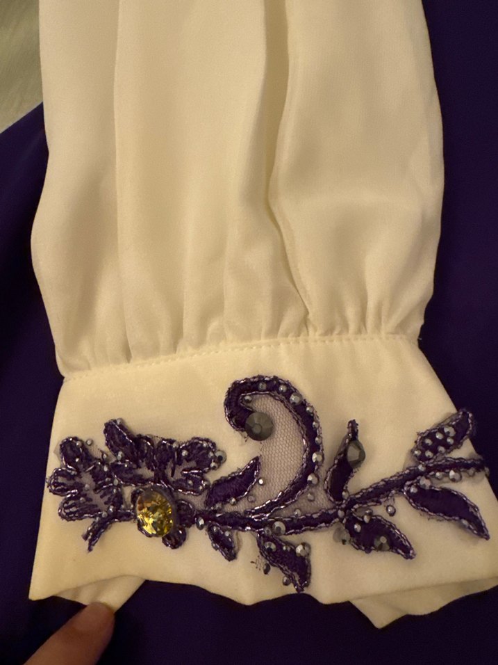 Mor Nakışlı Uzun Kollu Vintage Abiye Elbise - Görsel 4