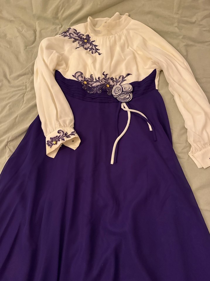 Mor Nakışlı Uzun Kollu Vintage Abiye Elbise - Görsel 5