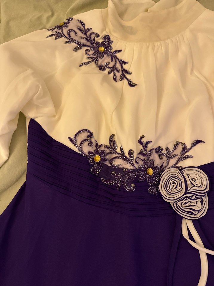 Mor Nakışlı Uzun Kollu Vintage Abiye Elbise - Görsel 3