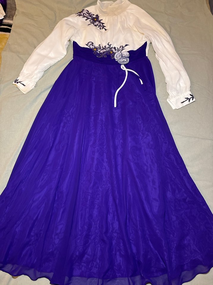 Mor Nakışlı Uzun Kollu Vintage Abiye Elbise - Görsel 2