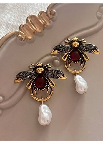 Bordo Nakışlı Mini Vintage Boncuklu Küpe