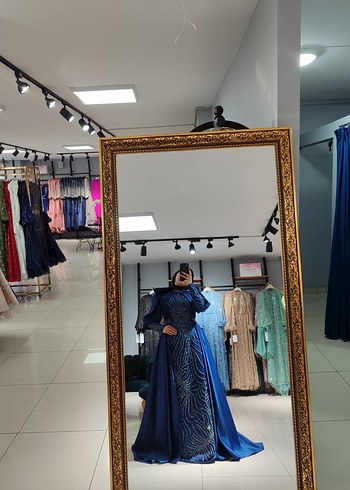 Abiye Uzun Lacivert Etnik Desenli Drapeli Abiye