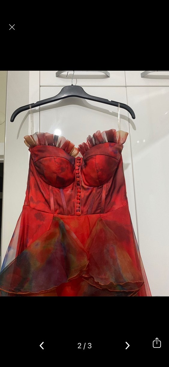 Kırmızı Straplez Uzun Drapeli Kadın Abiye - Görsel 2