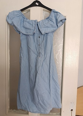 Düğmeli Mavi Straplez Midi Denim Elbise