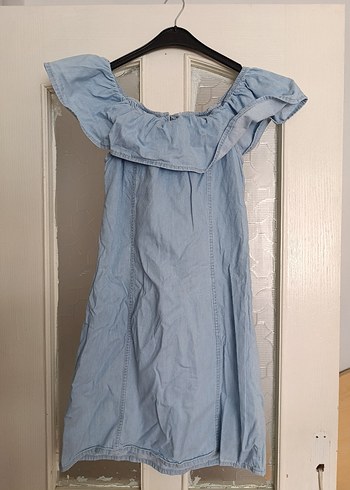 Diğer Düğmeli Mavi Straplez Midi Denim Elbise
