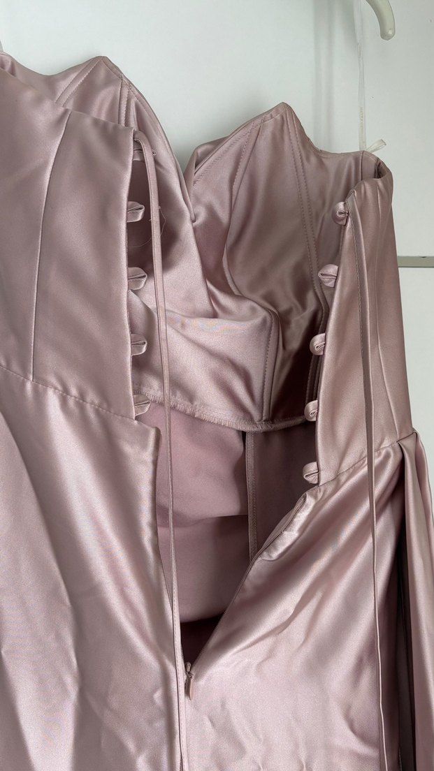 Pudra Pembe Drapeli Uzun Abiye Elbise - Görsel 5