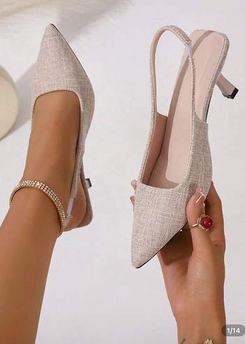 Bej Keten Stiletto Tokalı Kadın Ayakkabı