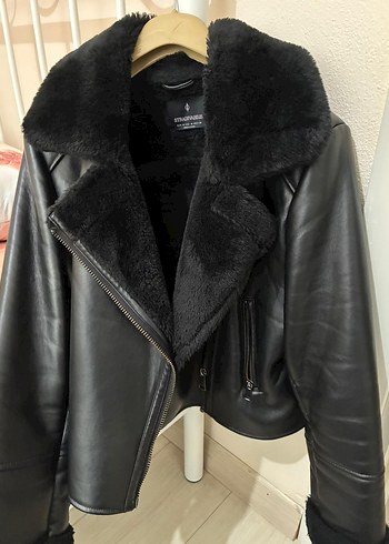 Stradivarius Stradivarius Kürklü Siyah Deri Biker Ceket