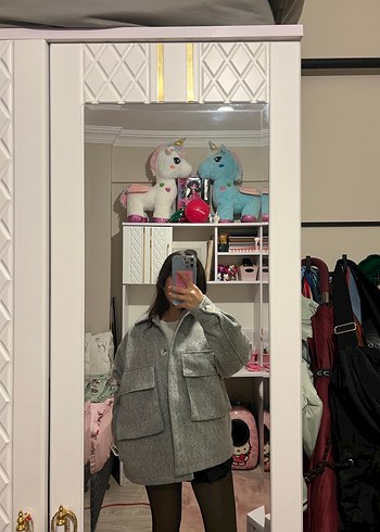 Gri Midi Düğmeli Oversize Kadın Kaban - Görsel 5