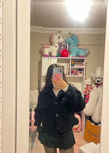 Siyah peluş mont - Görsel 4