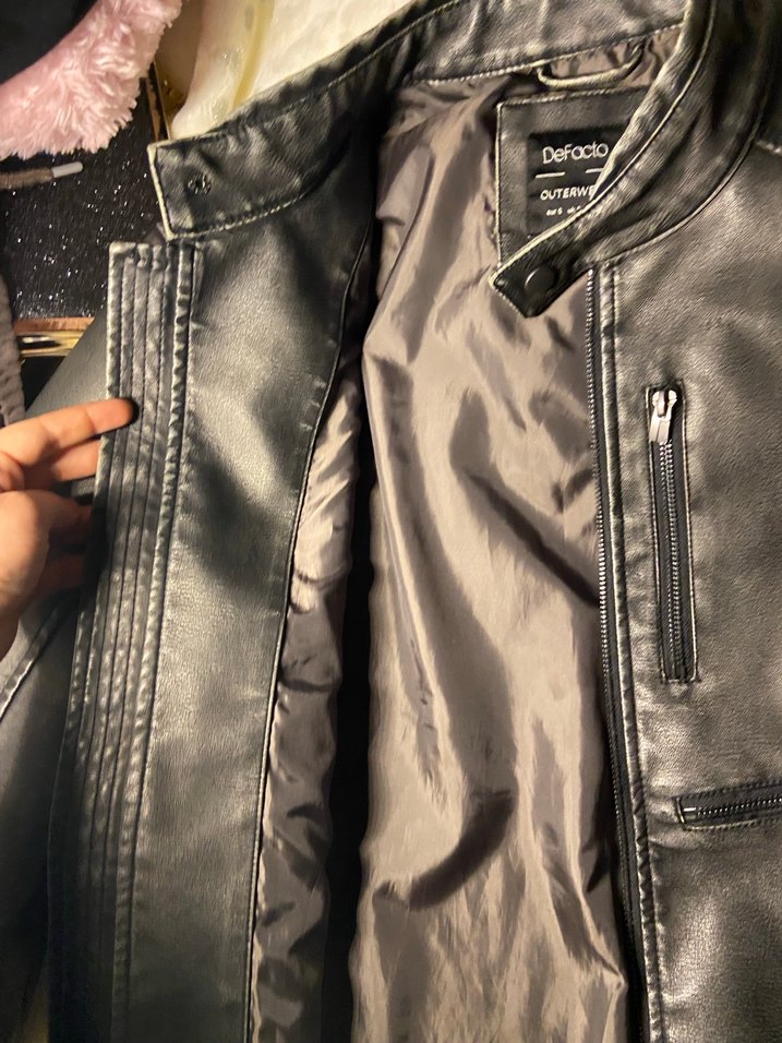 Gri Deri Biker Ceket, Tokalı, Günlük - Görsel 2