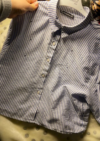 Taşlı Nakışlı Mavi Çizgili Pamuklu Gömlek - Görsel 2