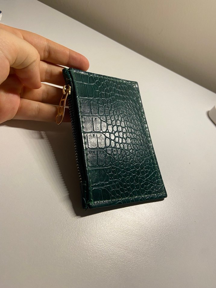 Koyu Yeşil Deri Yılan Desenli Fermuarlı Cüzdan - Görsel 2