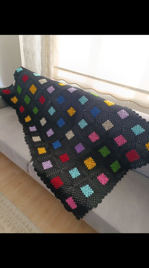 Renkli Kare Desenli Örgü Battaniye - Görsel 2