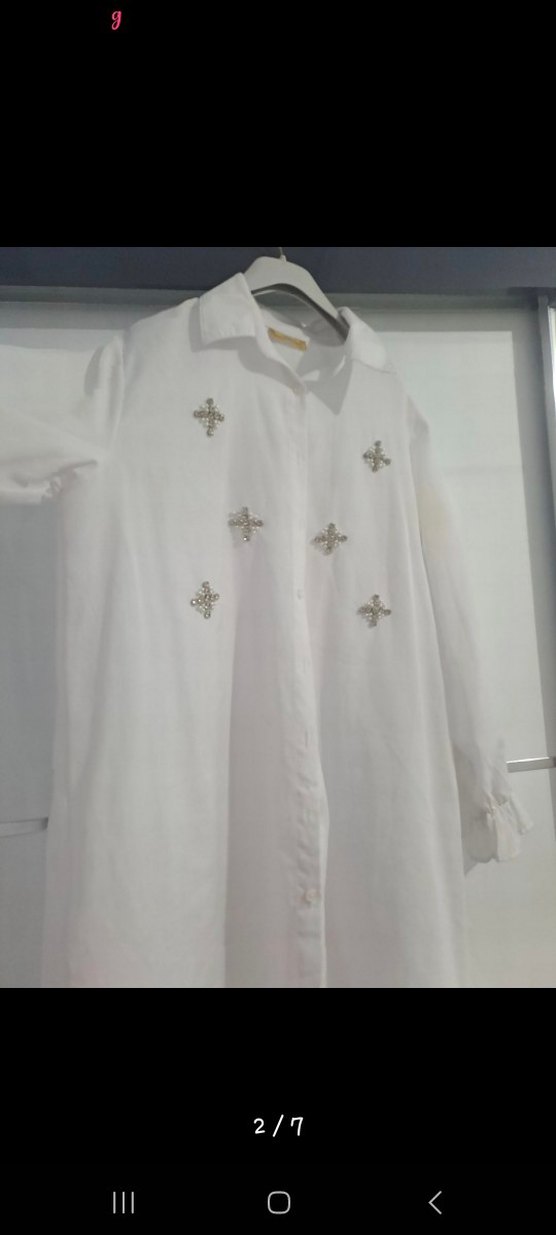 Nakışlı Beyaz Keten Mini Gömlek - Görsel 2