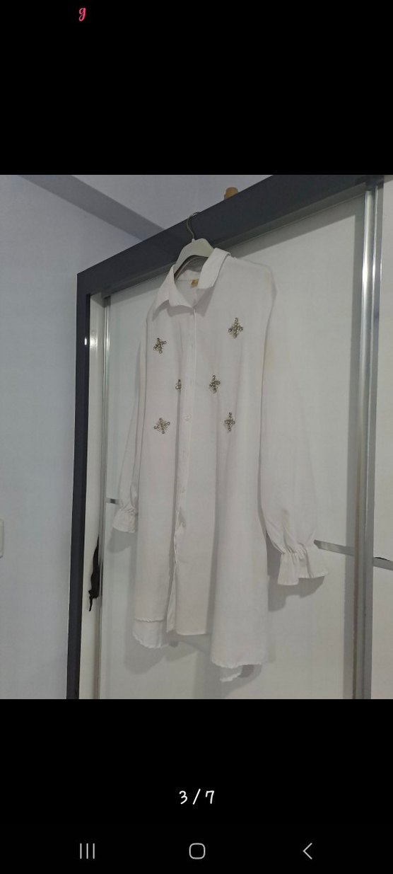 Nakışlı Beyaz Keten Mini Gömlek - Görsel 3