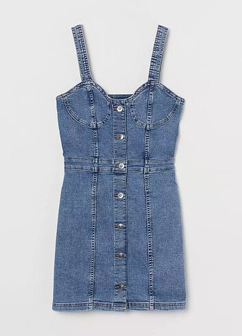 H&M Askılı Düğme Detaylı Jean Mini Elbise