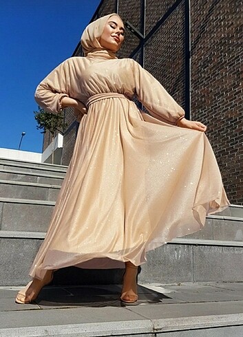 Simli Belden Kuşaklı Tesettür Abiye - Görsel 2