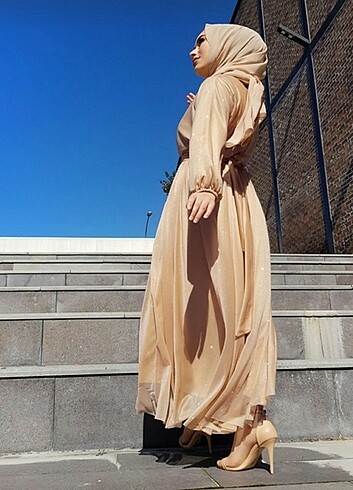 Simli Belden Kuşaklı Tesettür Abiye - Görsel 5