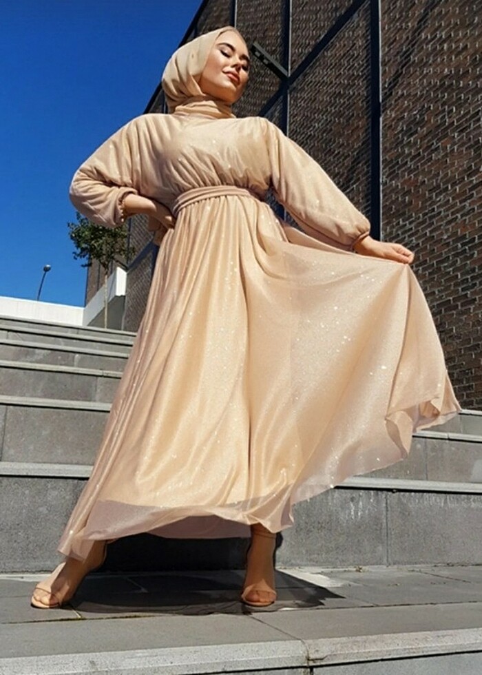 Simli Belden Kuşaklı Tesettür Abiye - Görsel 2