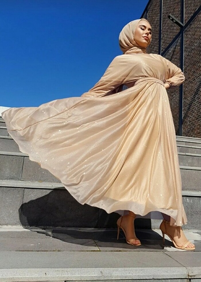 Simli Belden Kuşaklı Tesettür Abiye - Görsel 3