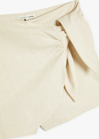 Mini Keten Şort Etek Kruvaze Bağlama Detaylı - Görsel 6