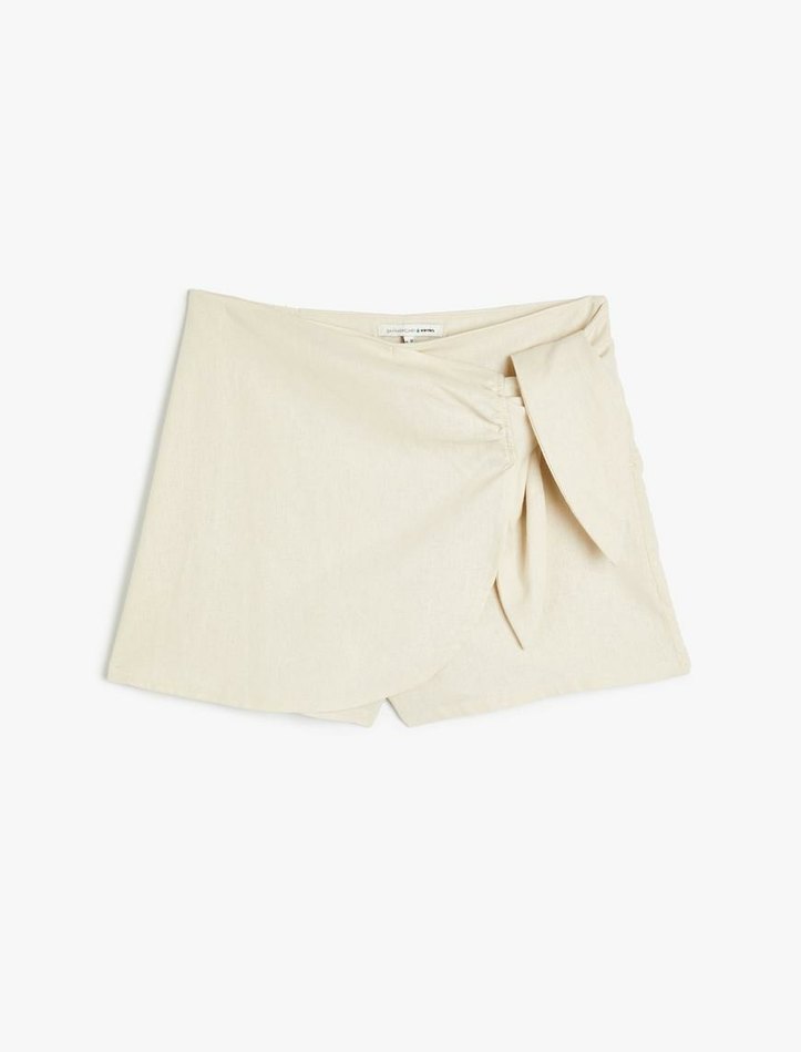 Mini Keten Şort Etek Kruvaze Bağlama Detaylı - Görsel 4