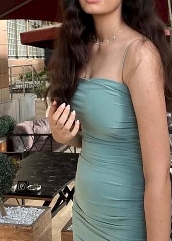 Turkuaz/mint yeşili Drapeli Uzun Abiye Elbise - Görsel 2