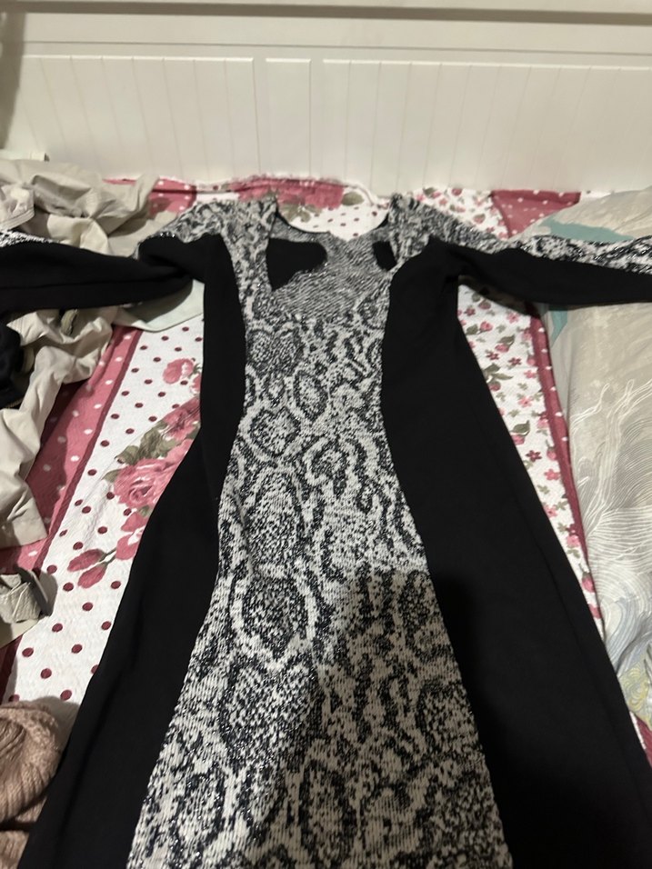 Kadın Gri Uzun Kollu V Yaka Desenli elbise - Görsel 3