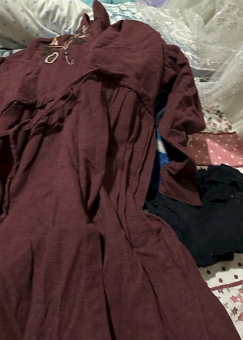 Bordo Nakışlı Uzun Keten Elbise tunik - Görsel 8