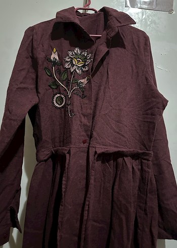 Bordo Nakışlı Uzun Keten Elbise tunik - Görsel 2