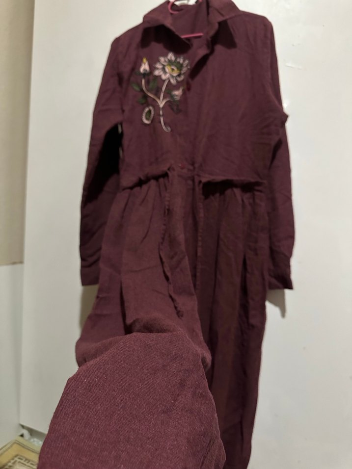 Bordo Nakışlı Uzun Keten Elbise tunik - Görsel 5