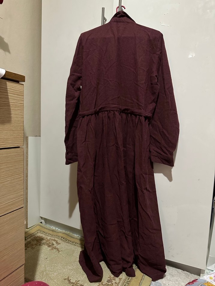 Bordo Nakışlı Uzun Keten Elbise tunik - Görsel 3